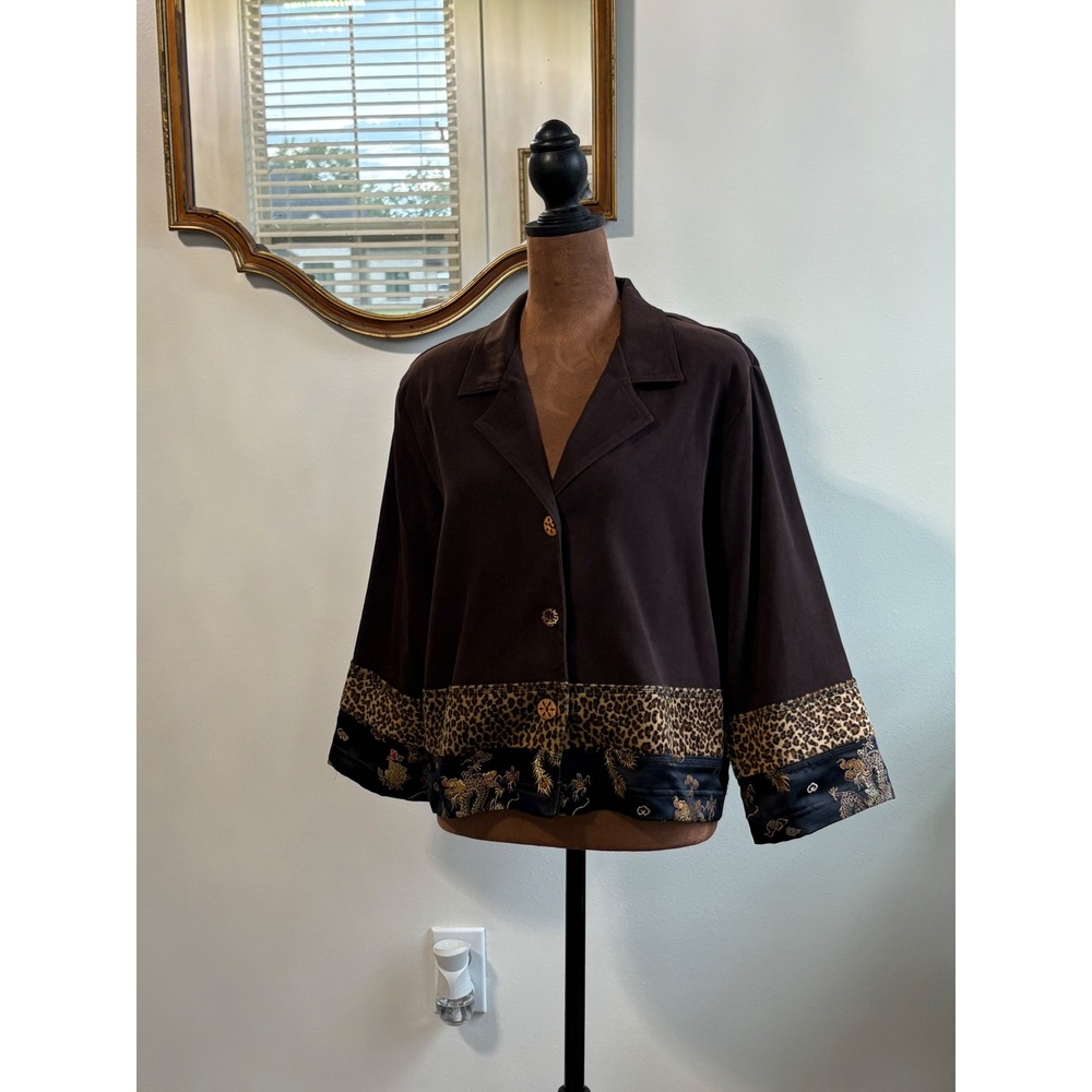 Nina Piccalino Brown Leopard Print Trim Button‎ Front Jacket Size 12